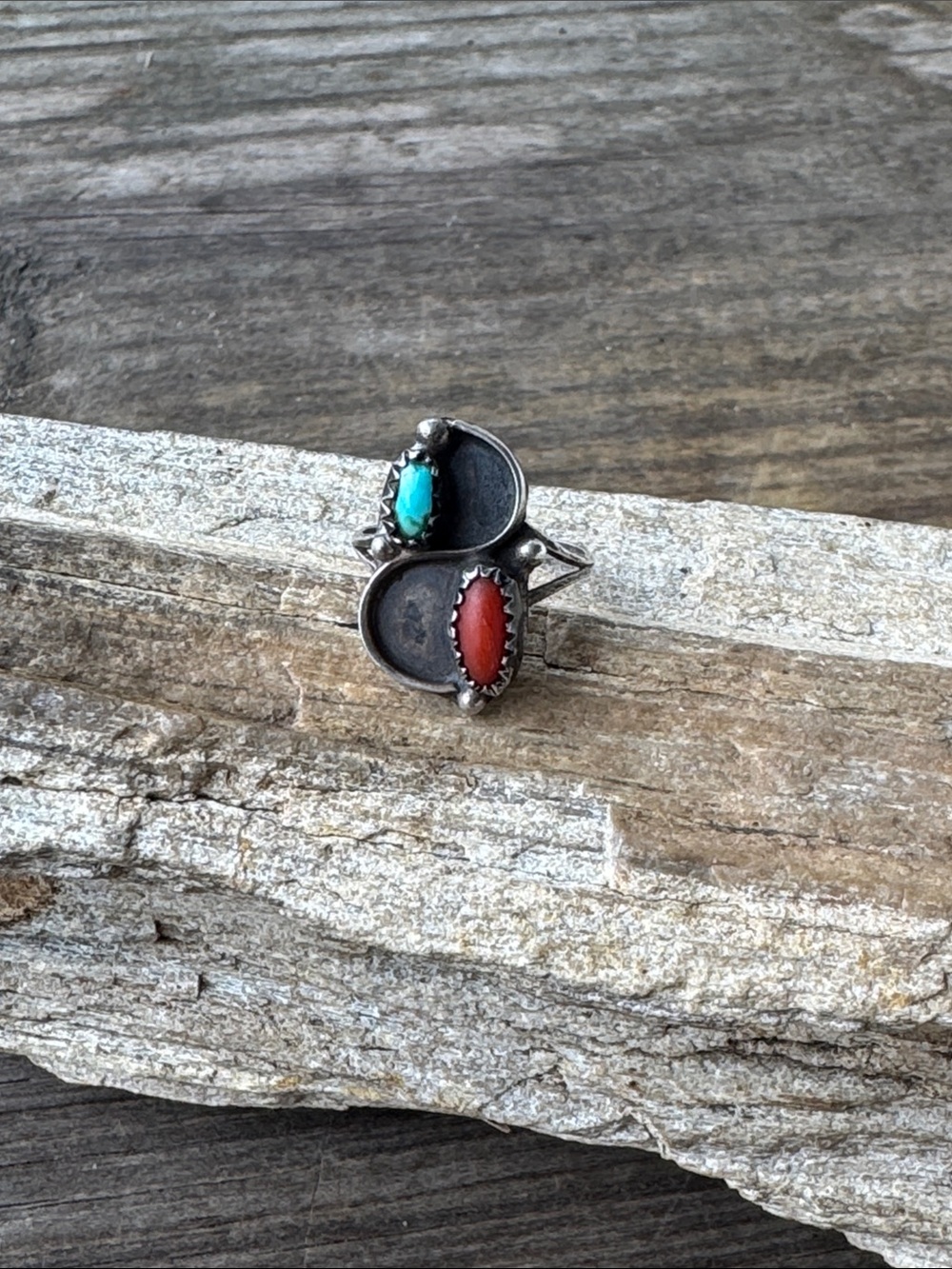 Native American Sterling Silver Ring with Turquoise and Coral